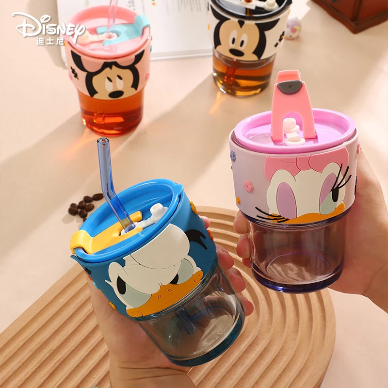 New 2024 Disney Mickey Minnie Mouse Kawaii Water Bottle Cute Daisy Lotso Winnie Glass Cup With Straw Double Glass Double Glass