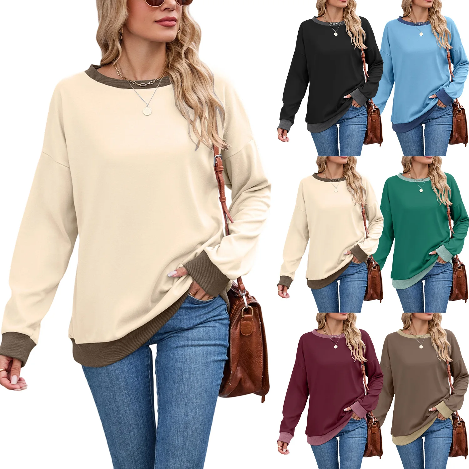 

Women's Hot Round Neck Loose Top Long Sleeve Color-blocking Ribbed Sweatshirt for Women