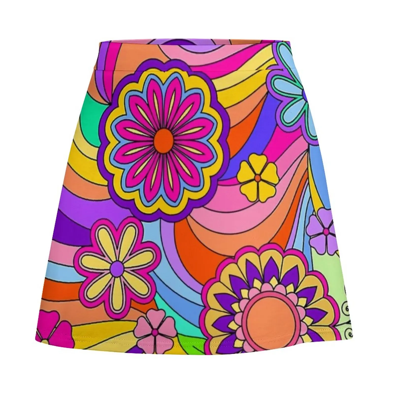 Flower Power Inspired Skirt Womens Groovy Hippy Retro Modern Mini Skirts High-waisted Printed Aesthetic Casual Skirt Large Size