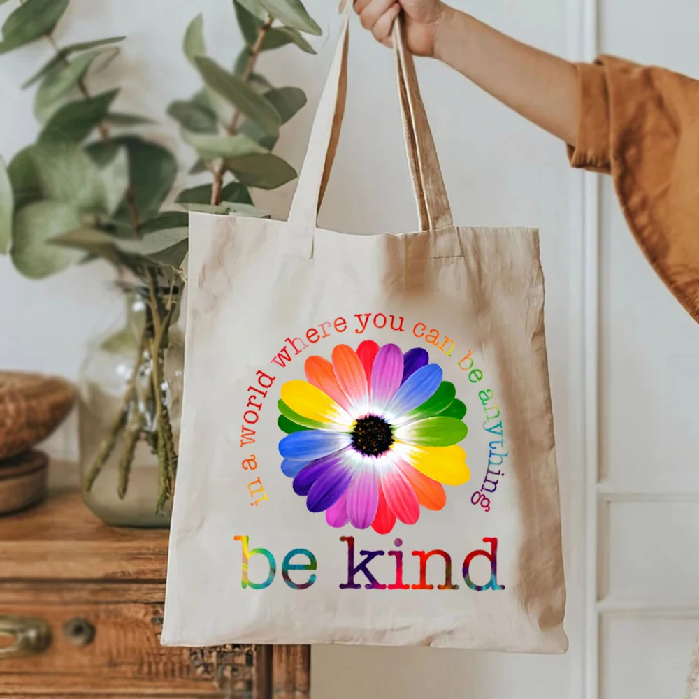 Be Cool Be Kind Retro Rainbow Print Tote Bags Kindness Ladies Shoulder Bag Shopping Bag Large Capacity Canvas Women Elegant Bags