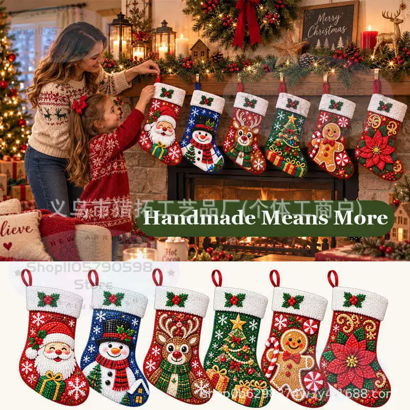 DIY Diamond Painting Christmas Stocking Kit, 5D Diamond Art Stocking, Santa Snowman Reindeer Christmas Tree Gingerbread Designs