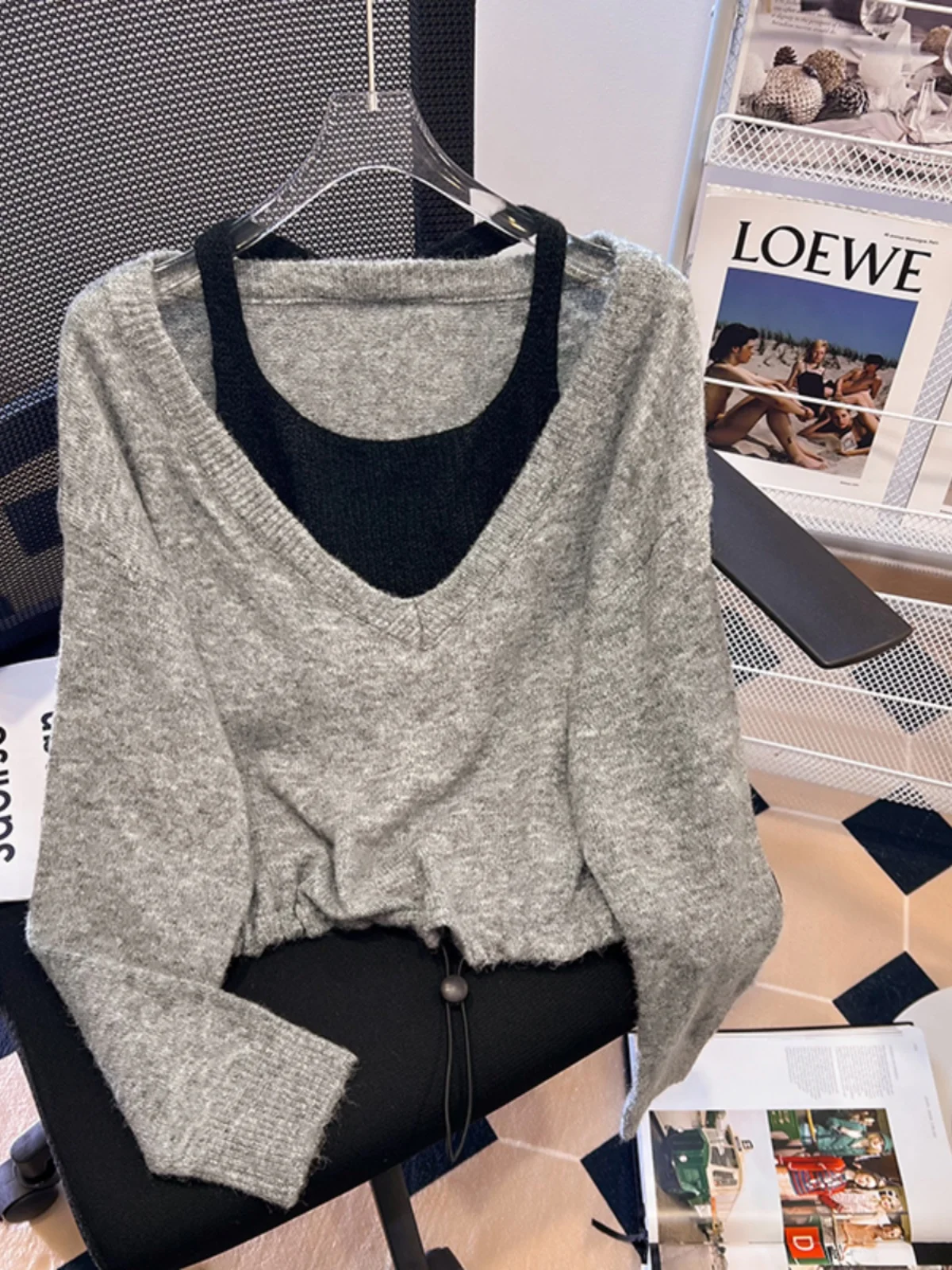 

Fake Two V-neck Pullover Sweaters Spring Autumn New Long Sleeved Basic Knitwear Women Elegant Halter Loose All-matched Top