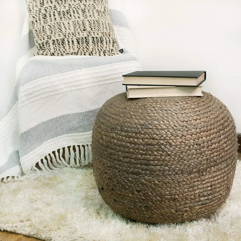 Pouf Cover Grey Jute Braided Home Decor Foot Stool Cover Living Room Ottoman