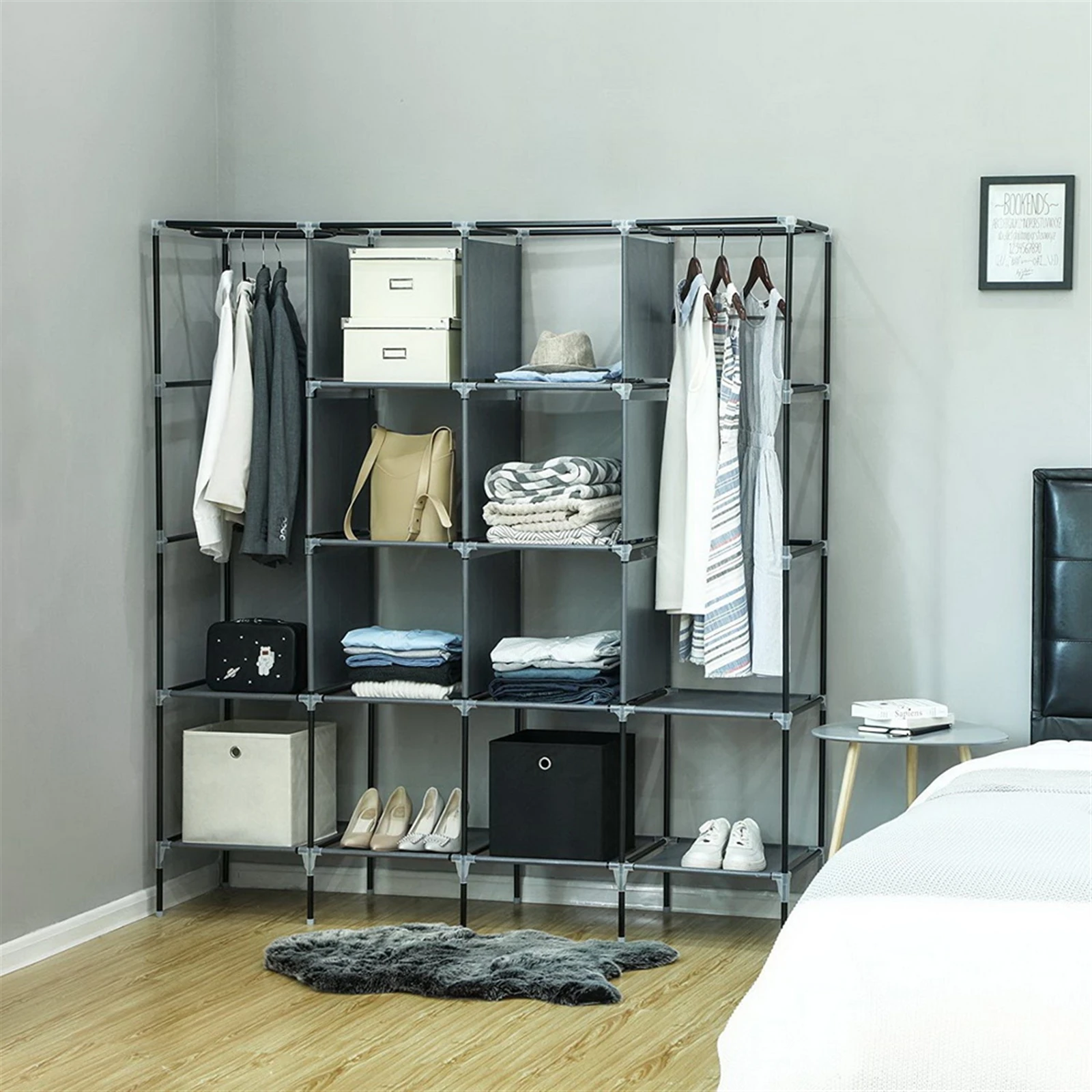 

Gray Non-Woven Wardrobe – 4-Row, 169.5×44×168.5cm, High Legs + 4 Side Pockets, Foldable & Space-Saving