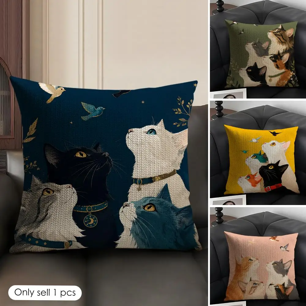 Look Sky Cat Cushion Cover Linen Organic Fabric Double-Sided Printing Sofa Breathable Home Decor Gift Pillow Case