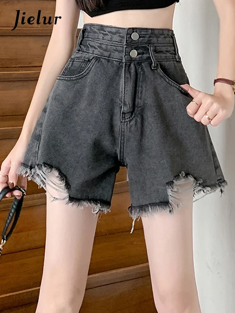 Jielur Summer New Korean Denim Shorts Woman Holes Slim Casual Chicly Women's Shorts Grey Ins High Waist Street Shorts Female