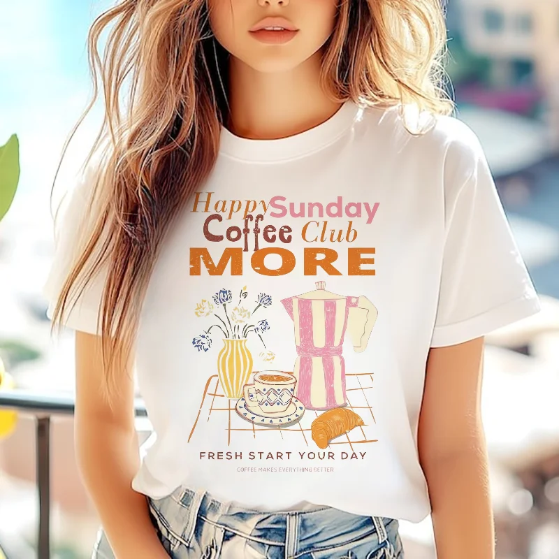 

Happy Sunday Coffee Club Pattern Printed Short Sleeve Round Neck Summer Vacation Clothing Printed Women's Cute Casual T-Shirt