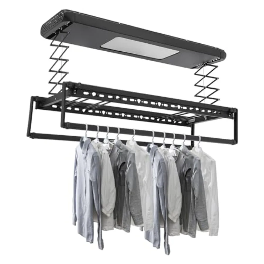 Electric Ceiling Airing Rack with Remote Control LED Light Height Adjustable Motorized Laundry Hanger 77.16 lbs Load Capacity C