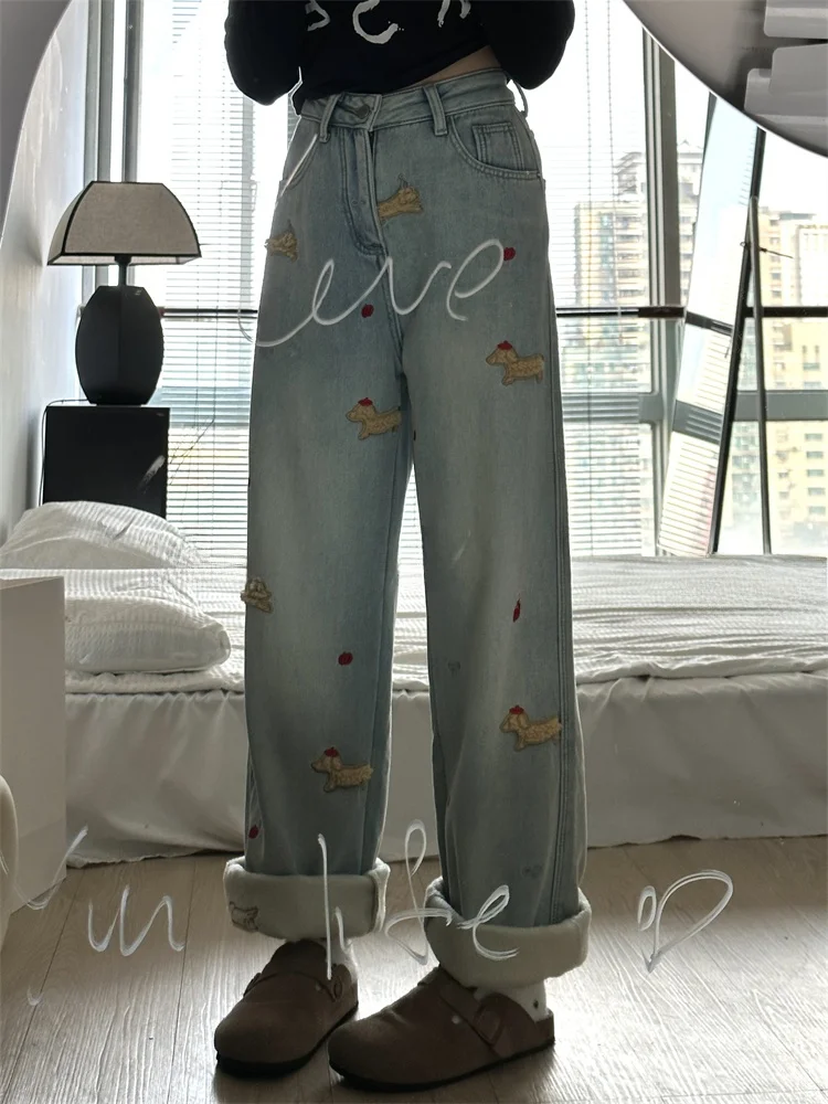 시사스 자수 장식 데님 청바지 여성 플러스 사이즈 와이드 레그 팬츠 루즈 슬림핏 바닥 길이 캐주얼 하이웨이스트