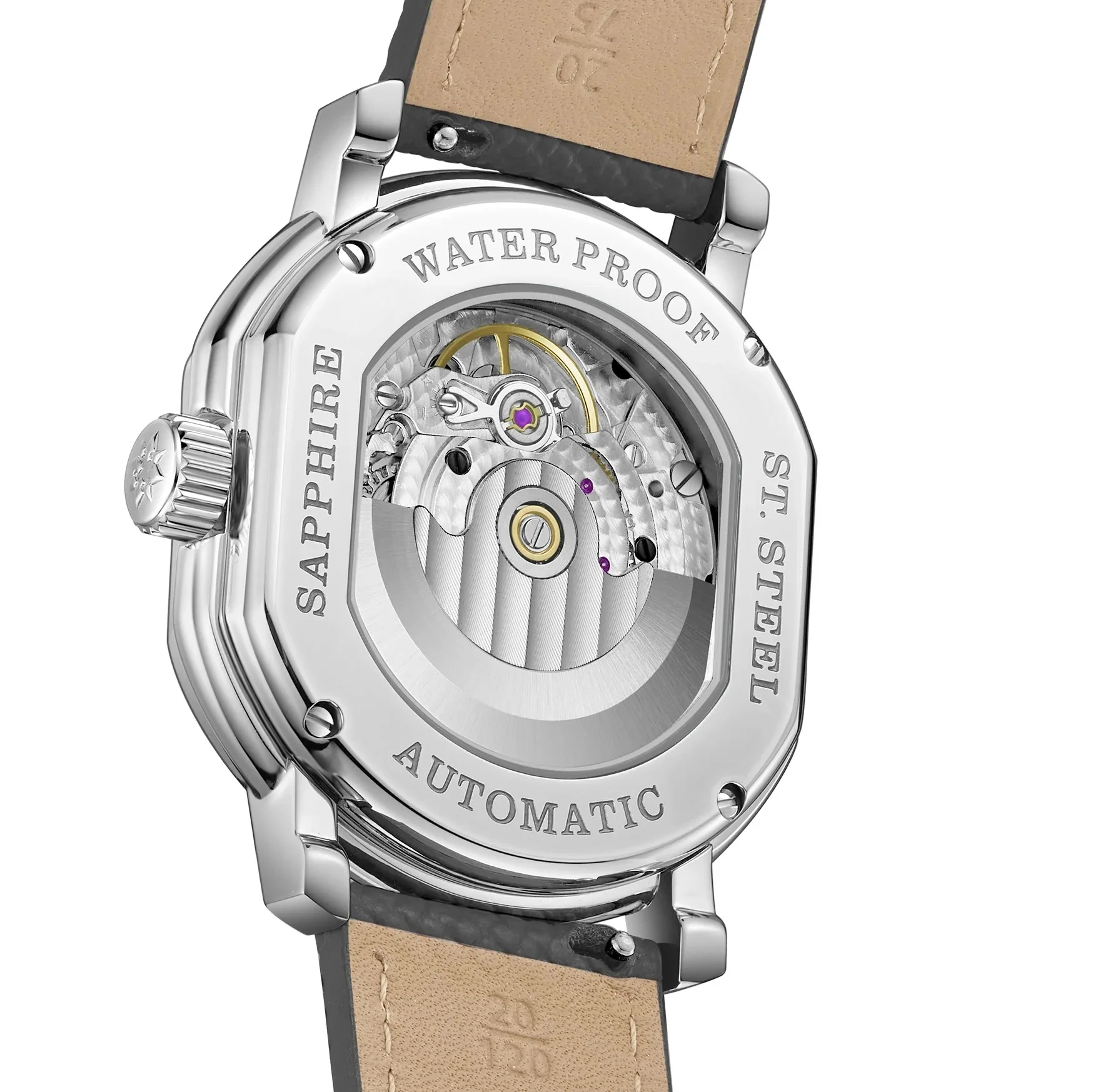 FARASUTE ساعة أوتوماتيكية للرجال 38 مللي متر * 45.6 مللي متر ساعة اليد الميكانيكية الياقوت 5ATM حركة الطاووس الصغيرة الثانية الهاتفي الرقم الروماني