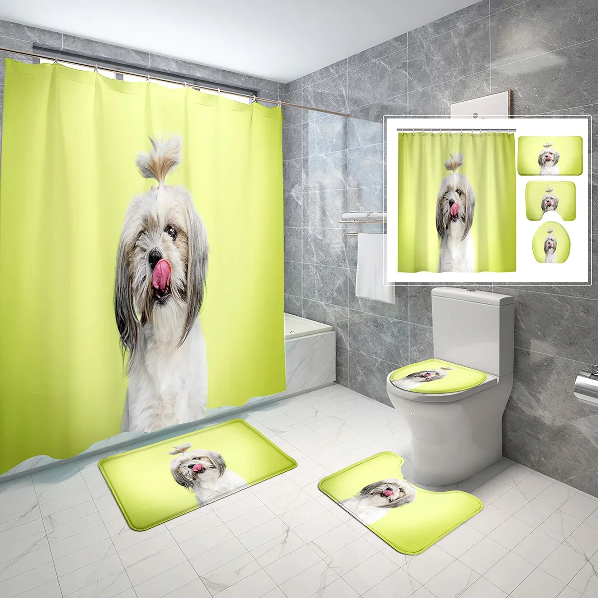 

4-Piece Set Shih Tzu Dog Shower Curtain with Hooks Non-Slip Rug Toilet Lid Cover Cute Pet Dog Waterproof Shower Curtain Set