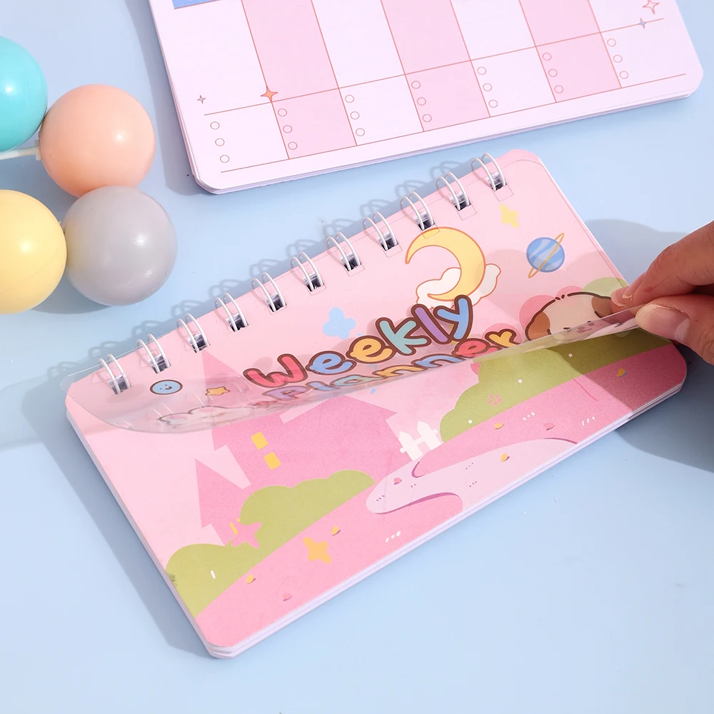 50 Sheets Cute Cartoon Weekly Planner PVC Waterproof Hardcover Daily Schedule Student Class Notebook Portable Notepad Organizer