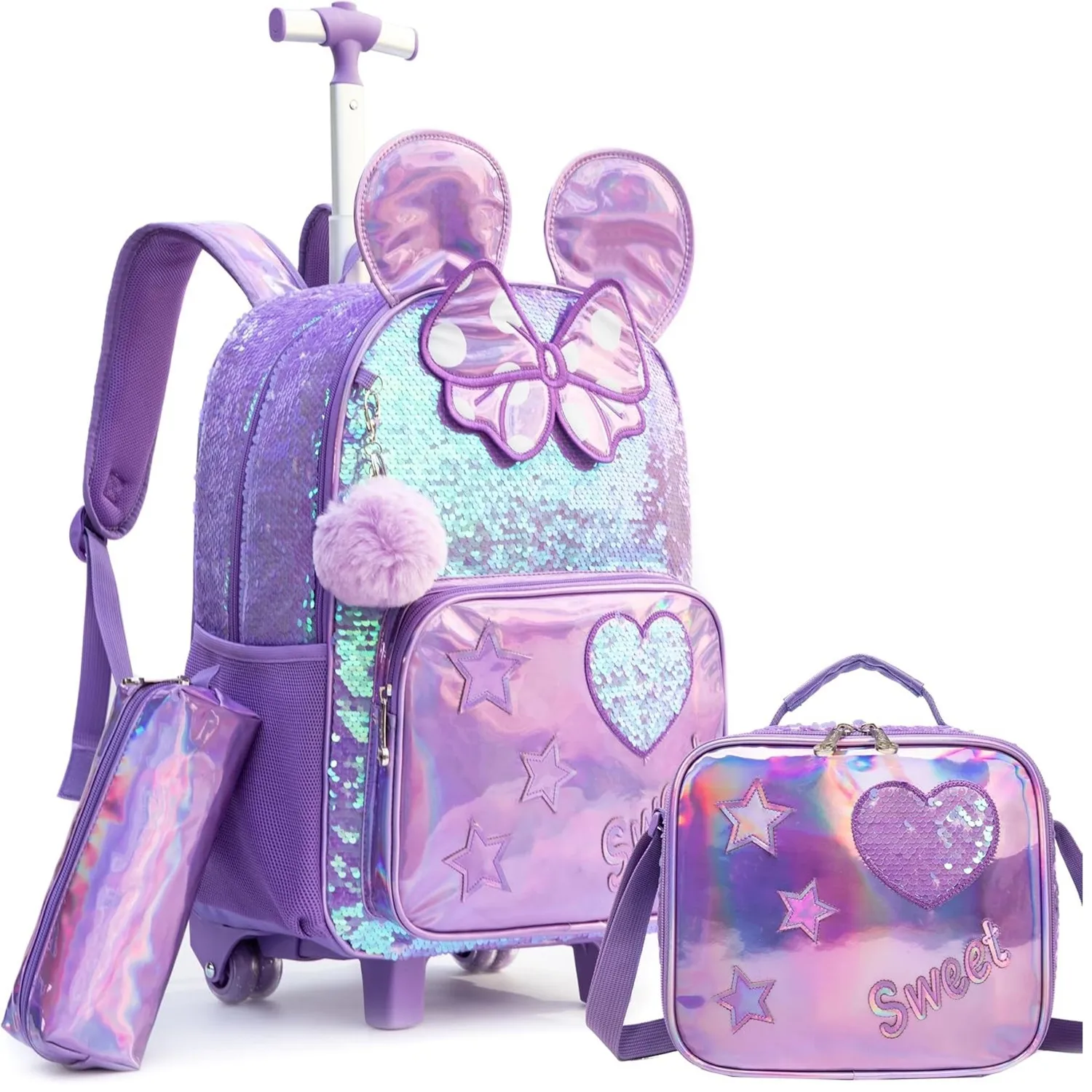 3PCS Cute Sequin Girls Rolling Backpack Primary Child School Backpacks Girl with Wheels Back to School Bags for Kids Luggage