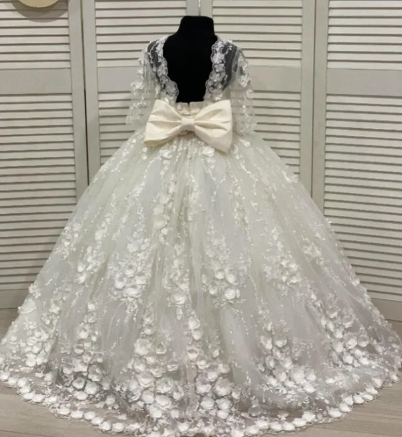 Vestido de baile de encaje de tul blanco, vestidos de niña de flores para boda, vestido de princesa de ilusión, vestido de fiesta de boda de primera comunión