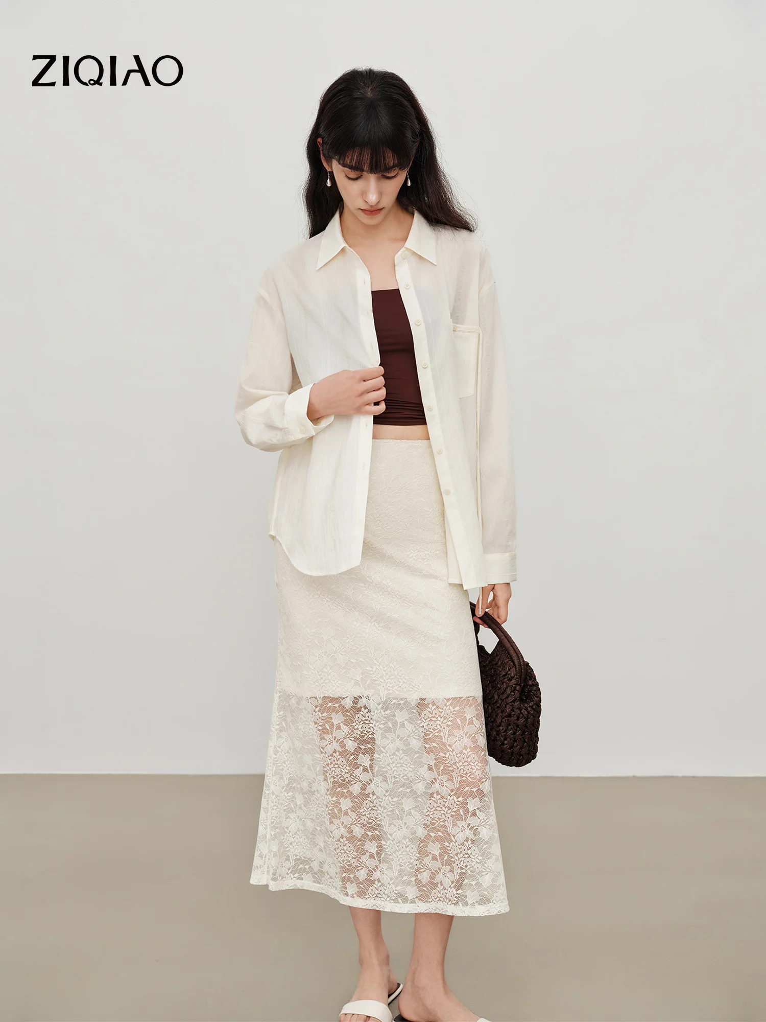 ZIQIAO French-style Hollowed-out Lace Embroidered Beige Fishtail Midi Skirt for Women New Summer 2026 Style Elegant Pretty Ins