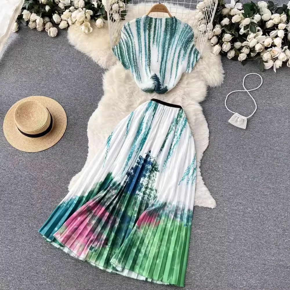 Summer Beach Party Skirts Suit Women Elegant Shirts Blouses and Pleated Saya 2 Pieces Set Female Boho Maxi Vintage Clothes New