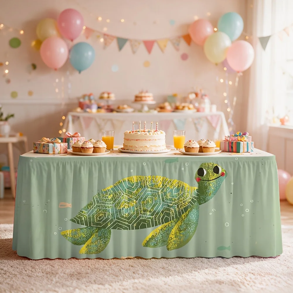 One-piece cute cartoon turtle printed tablecloth and tablecloth, suitable for birthday parties and family activities decoration