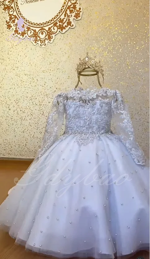 Vestido de renda branca para meninas, vestido para casamento, pérolas, apliques, mangas compridas, tule, festa de aniversário infantil, primeira comunhão, vestido de baile