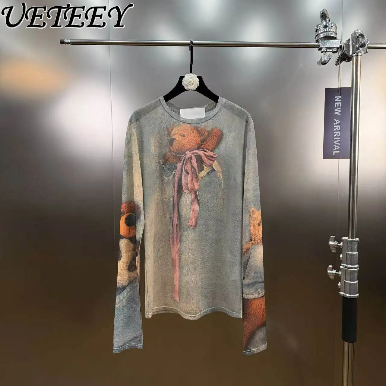 

2026 Весенняя футболка с длинным рукавом с принтом оригинального дизайна, сетчатые облегающие топы, модная крутая универсальная рубашка с круглым вырезом для женщин