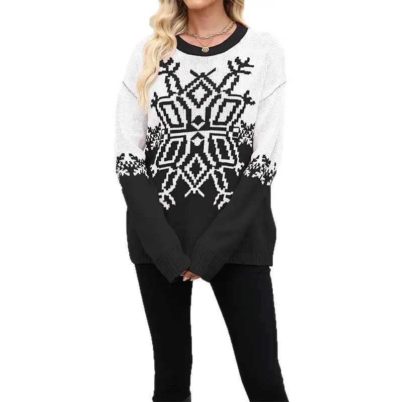

Cisas Theme Casual Knitted Sweater Thiened Long Sve Overhead Coat for Autumn Winter with Big Snowflake Design