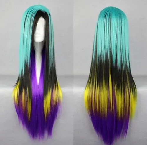 Peluca de pelo largo y liso Lolita, color azul, negro, amarillo y morado, envío gratis, gran oferta