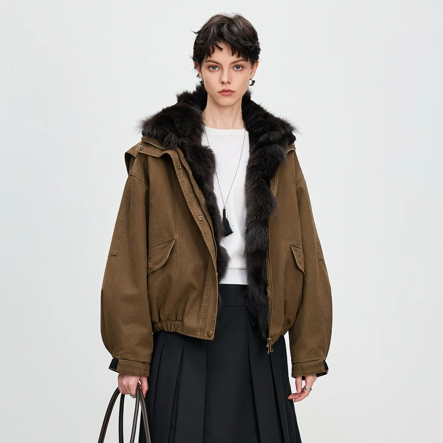 Nieuwe damesvossenbont gevoerde parka jas spijkerjasje casual stijl lederen bovenkleding met lange mouwen comfortabele winterbovenkleding