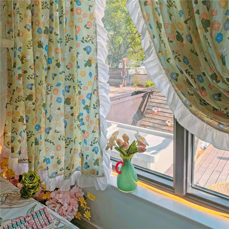 Retro Green Floral Door Curtains for Living Room Idyllic American Rural Style Kitchen Ruffled Lace Curtains for Home Decor #A681