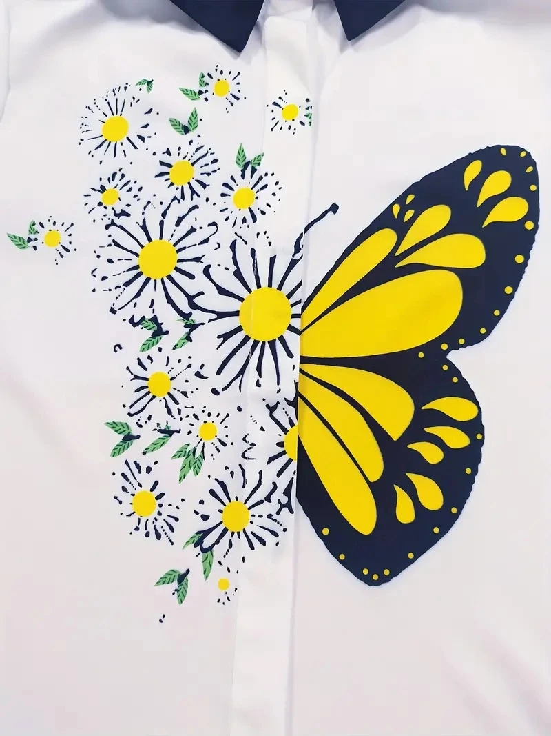 Fashion Women\'s Shirts & Blouses,Floral Butterfly Print Patchwork Button Shirt,2024 Spring & Summer Female Clothing Blouse Tops