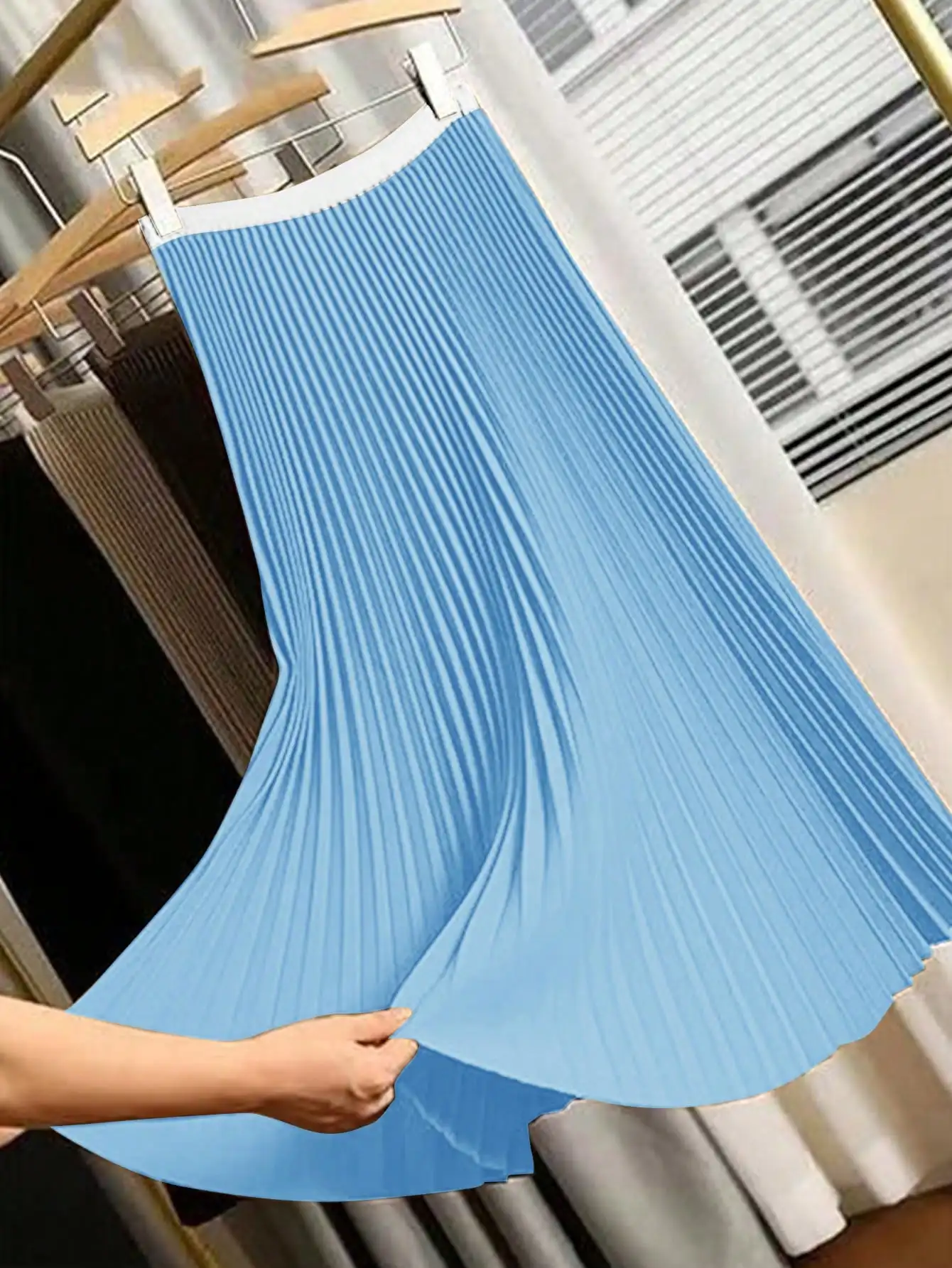 Womens Solid Color High Waist Pleated Midi Skirt Elastic Waist A Line Flowy Long Skirt Casual Office Lady Summer Fall Skirt