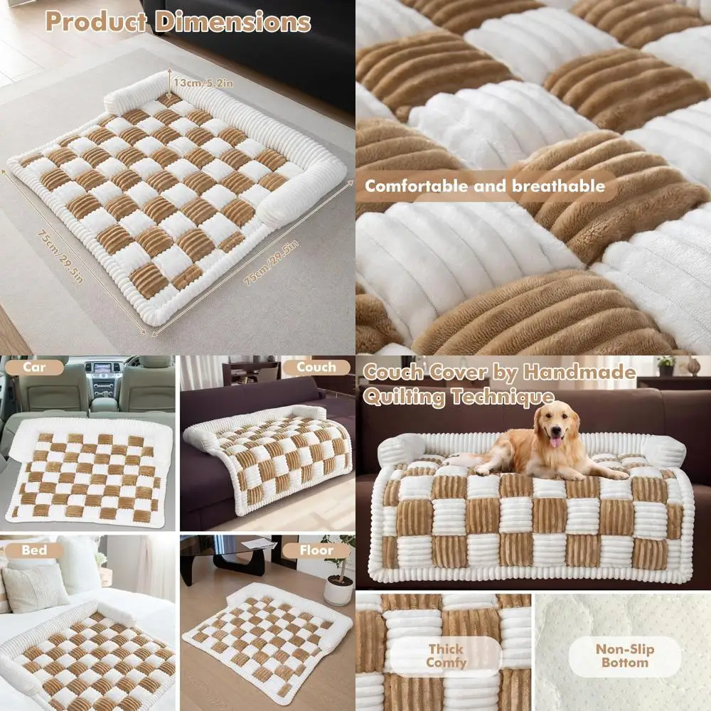 

Plush Fuzzy Sofa Cover for Dogs and Cats - Cream Square Plaid Couch Protector, 29.5 x 29.5, Suitable for Large and Medium Pets