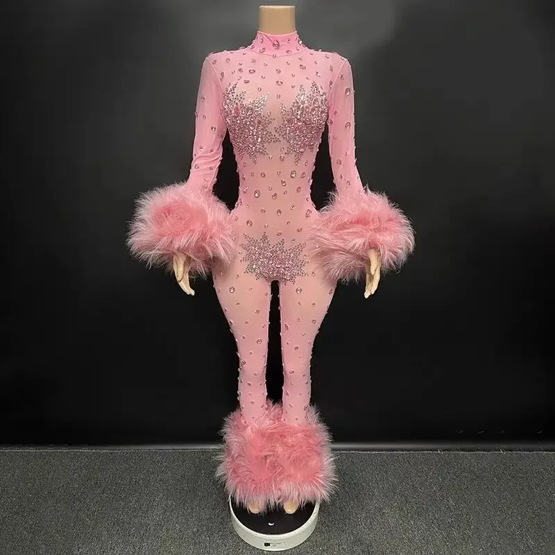 

Luxury Shining Diamonds Rhinestones Pink Feathers Long Sleeve Sexy Bodycon Jumpsuit Evening Dress Singer Stage Show Dress