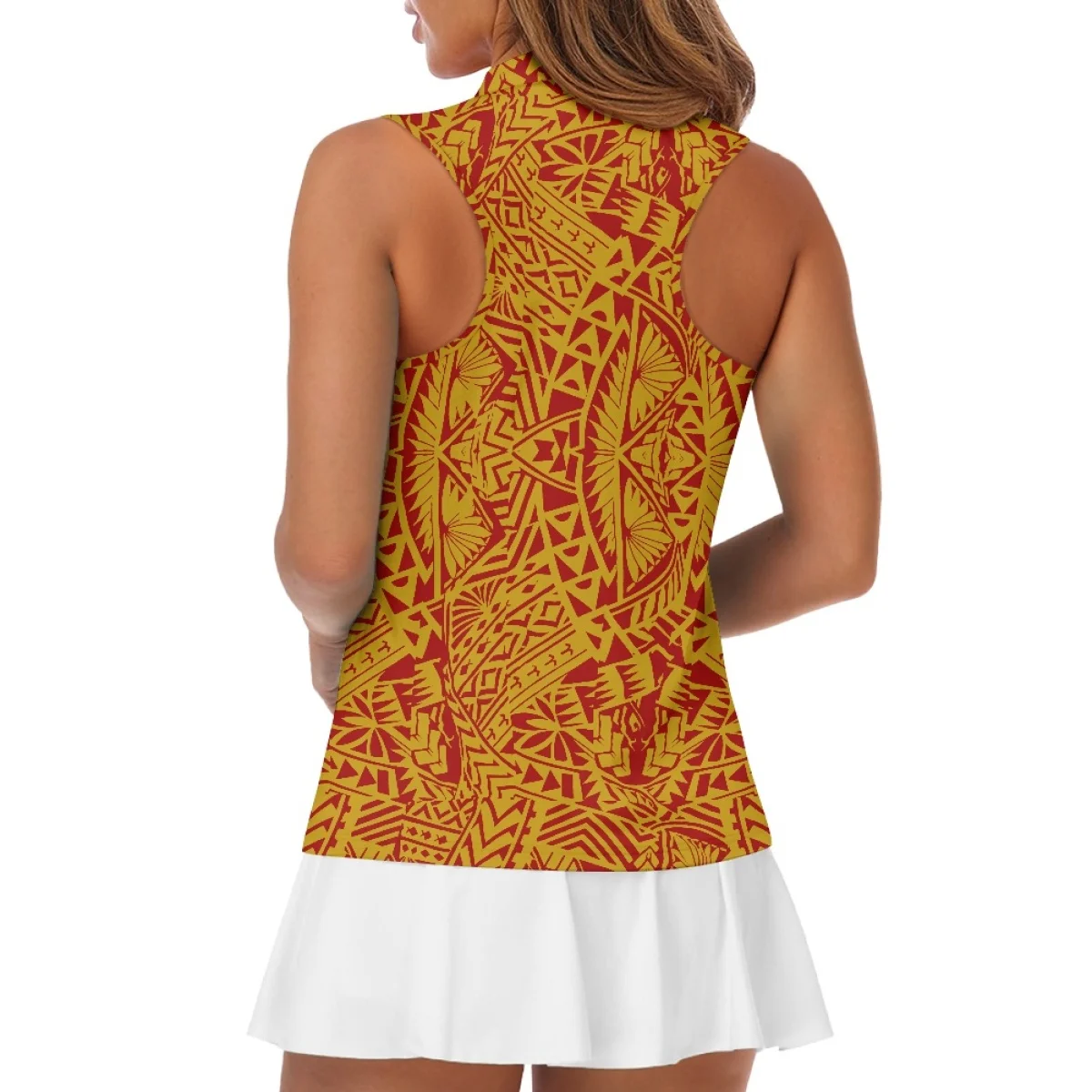 Women's Pacific Polynesian Tribal Red Golden Samoan Print Zipper Vest Casual Sleeveless Gym Tank Top Fashion T-shirt