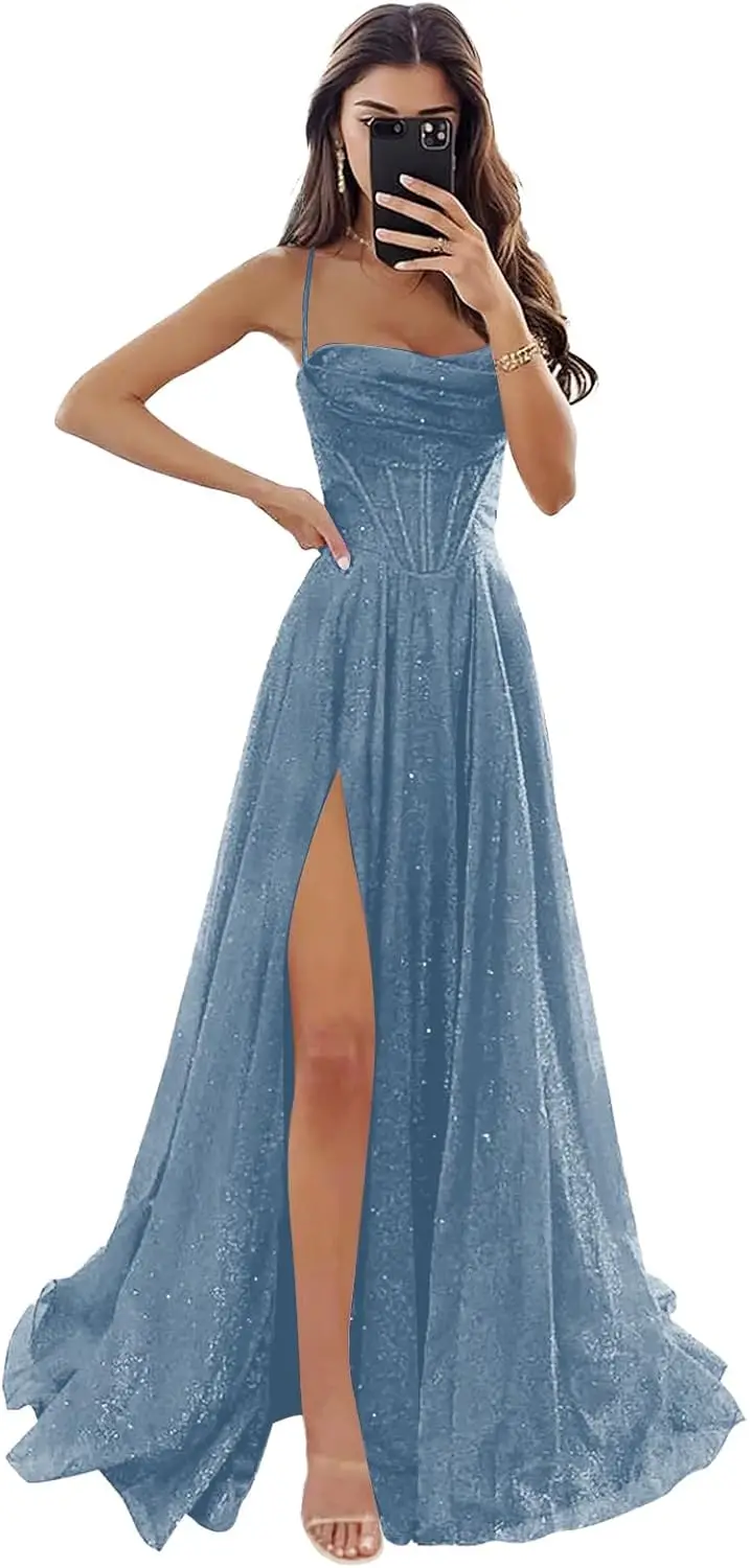 

Women's Spaghetti Straps Glitter Tulle Prom Dresses with Slit Cowl Neck Long Formal Evening Party Gown party dress
