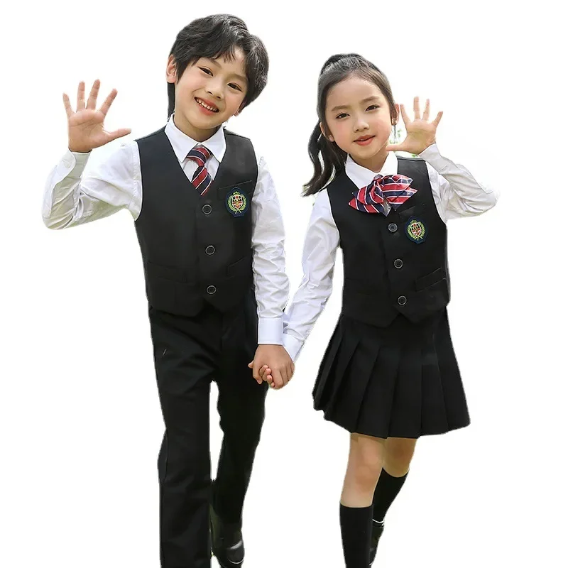 男の子と女の子のための韓国の制服,白いシャツ,ネイビーブルーのスカート,パンツ,チョッキ,ベスト,ネクタイ服セット,学生服,スーツ