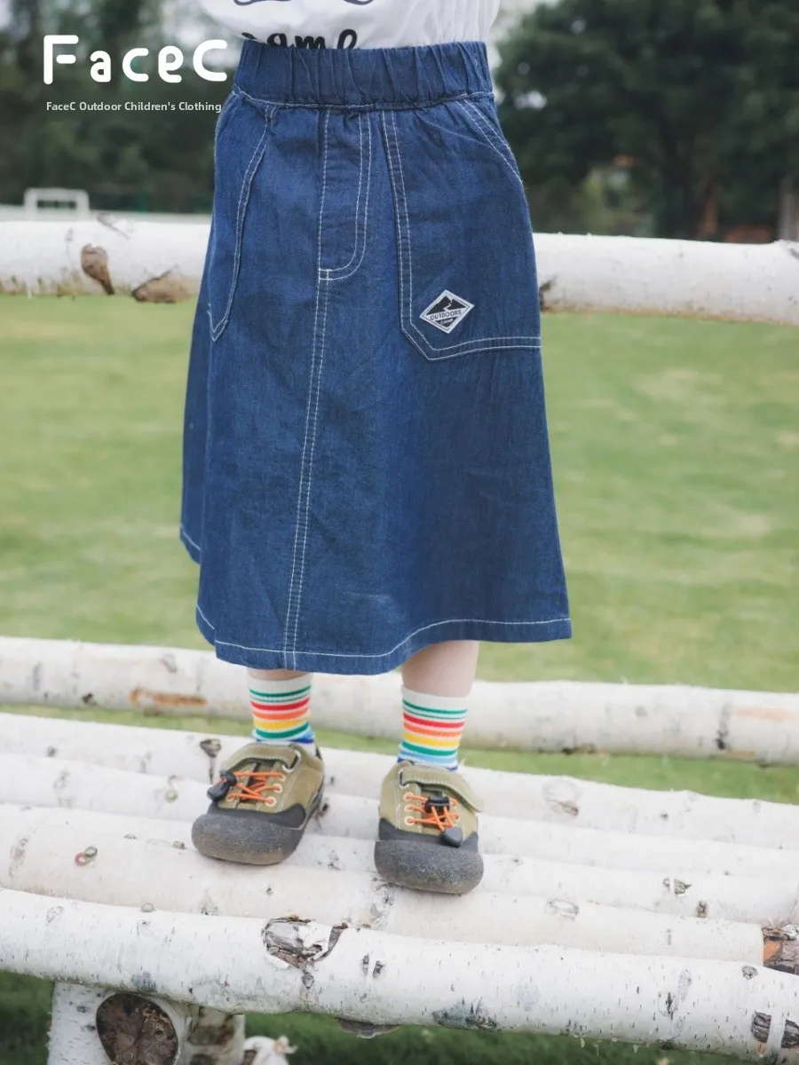 Camping Style Casual Denim Skirt for Girls Spring Autumn Outdoor Soft Children's All-Match Mid-Length Skirt Cotton Material
