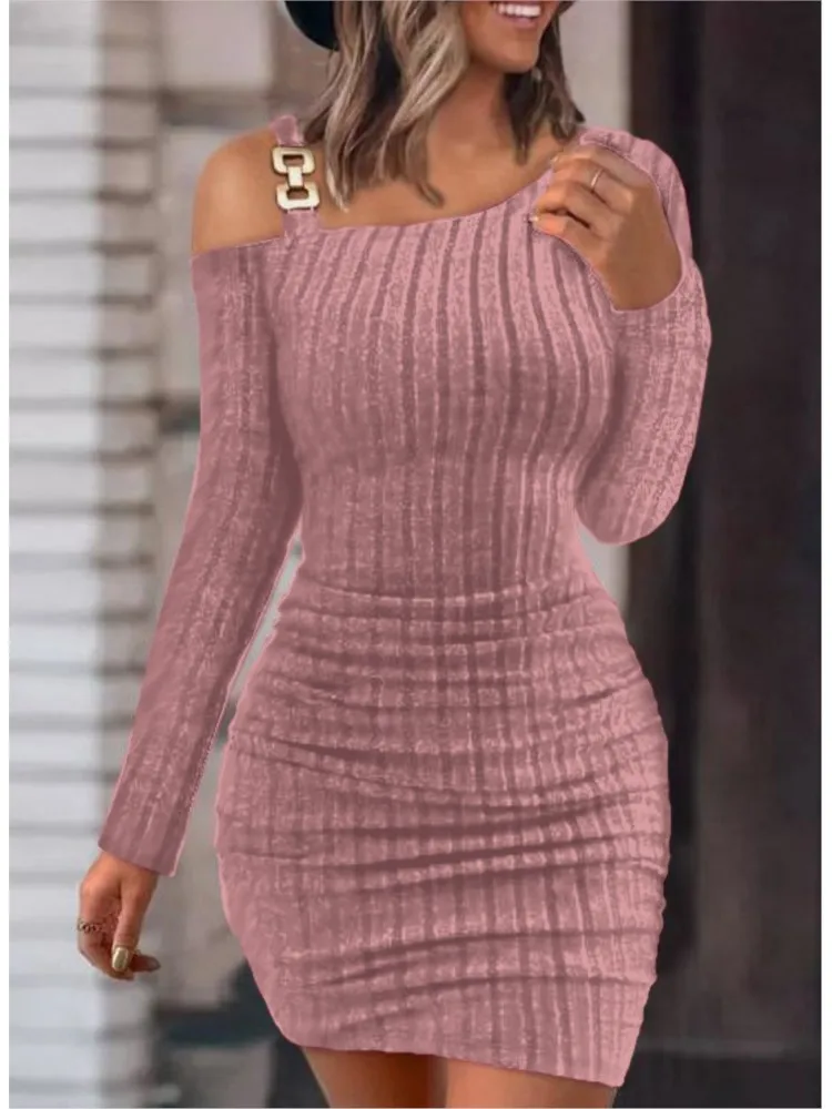 

Long Sleeve Dresses For Women Winter Skinny Knitted Vestidaos Sexy Chain Off Shoulder Mini Dress Women Autumn Fashion Bodycon