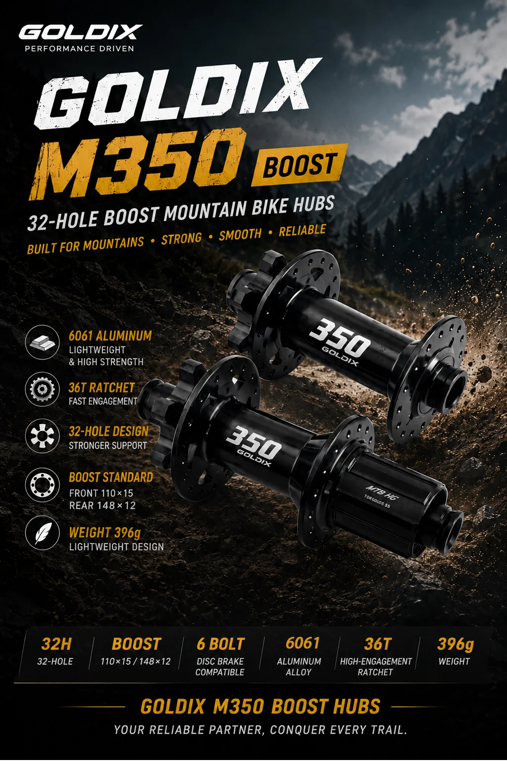 GOLDIX GDX350 32H Boost MTB Nabe J-Bend 36T Ratsche 6-Bolzen Scheibenbremse Abgedichtete Lager HG XD MS Vorder- und Hinterradnabe für Fahrräder – Detail 1
