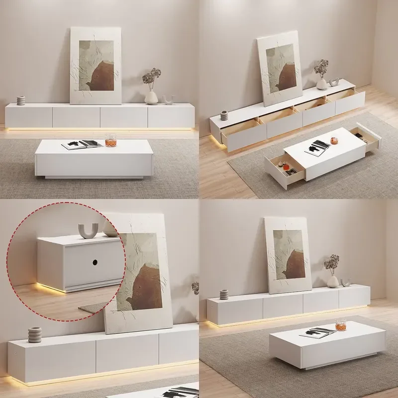 Simple Elegant Suspended Extendable TV Cabinet Coffee Table Combination Modern Minimalist Floor Mount Living Room TV Stand