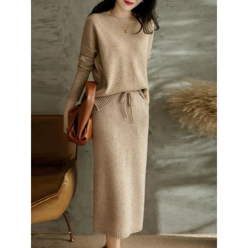 

Korean Fashion Two Piece Sets Womens Outifits Solid Knitted Sweater Dress Sets Loose Pullover Sweater Set Womens Clothing N529