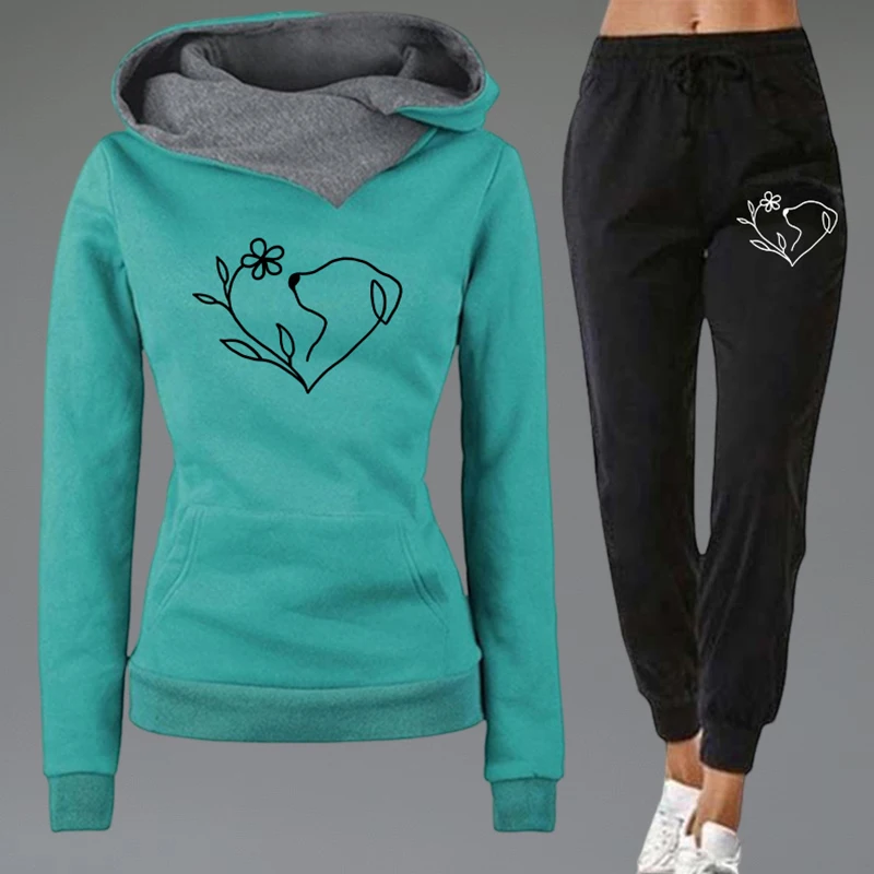 

2025 Autumn Winter New in Womens Tracksuit Cute Dog Print Sweatshirt Sweatpants 2pcs Set Home Outdoor Comfort Warm Hoodie Outfit