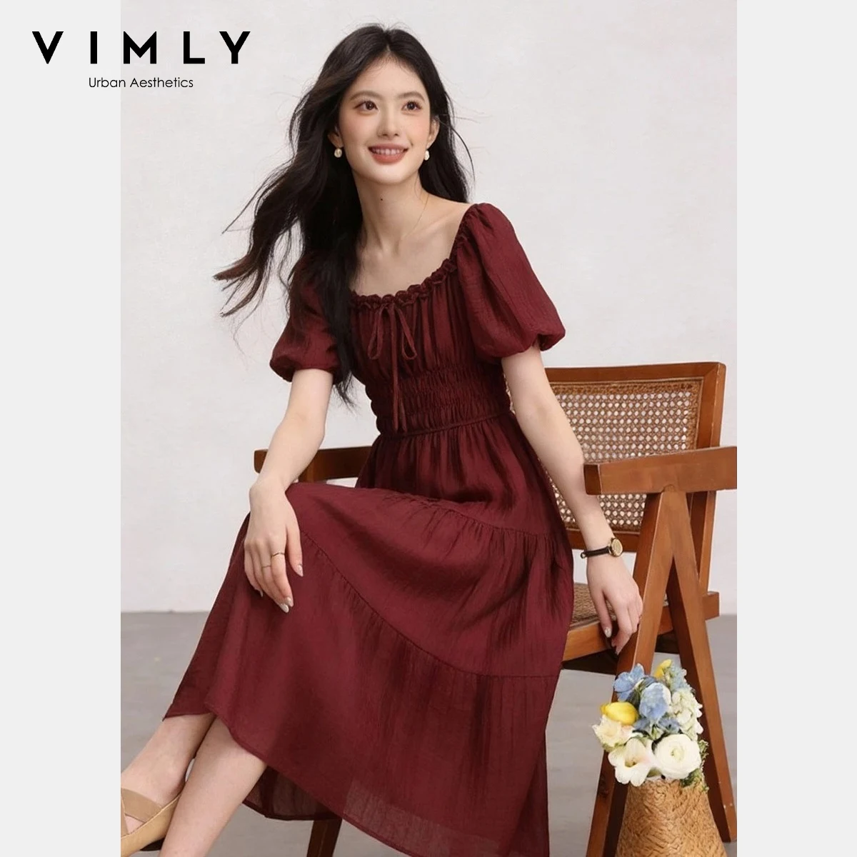 

VIMLY Women's Square Neck Tie Chiffon Dress 2026 Summer New French Casual Ruffle Trim Cinched Waist Lyocell Midi Dress 30536