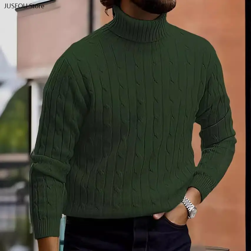 Men Autumn Winter Retro Twisted Knit Turtleneck Sweater European American Casual Warm Knit Undershirt Soft Knitted Pullover