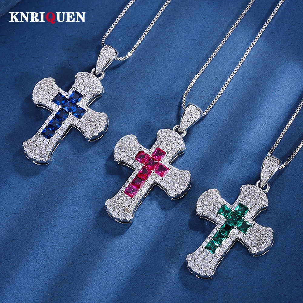 2023 Luxury Emerald Ruby Sapphire Cross Pendant Necklaces for Women Gemstone Lab Diamond Cocktail Party Fine Jewelry Lady Gift