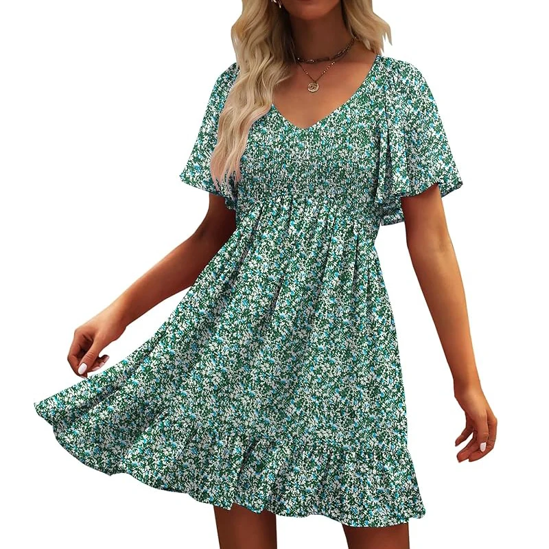 Mini abiti da donna con stampa floreale carina, scollo a V, maniche svolazzanti, casual, da spiaggia, estivi, con volant