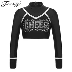 Kids Girls Letter Printed Cheerleading Clothes Children Cheer Dance Tops Long Cheerleader Costume Sleeve Contrast Color Crop Top