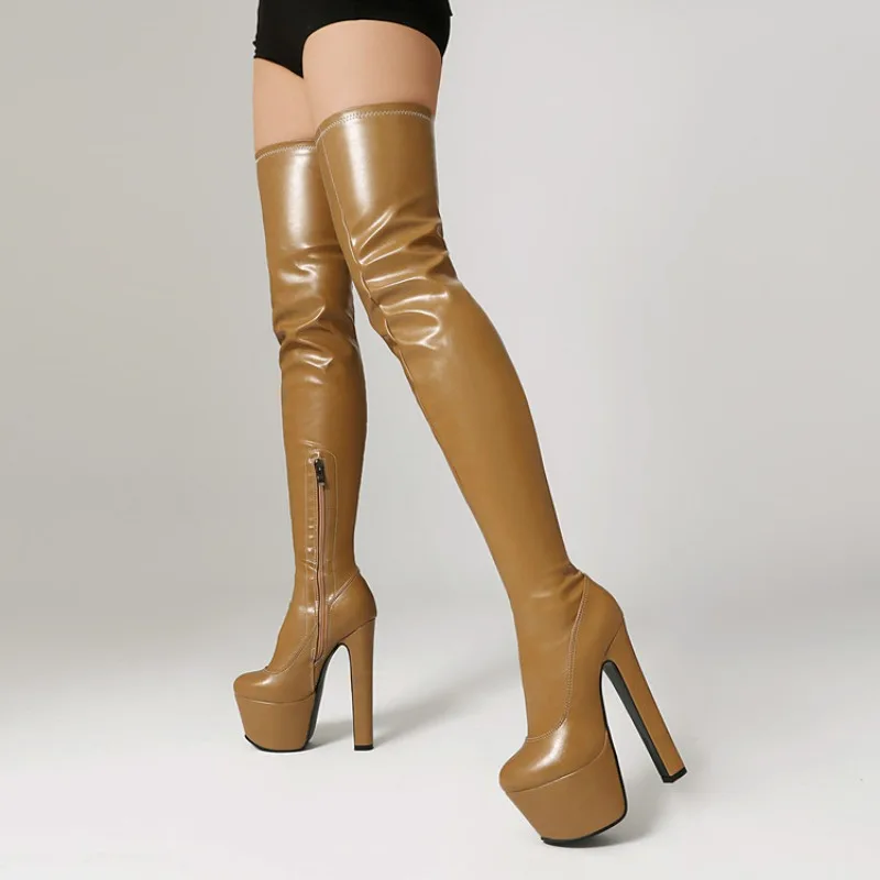 Woman Luxury Boot Plus Size 16.5cm Square Heel Round Toe Platform PU Side Zipper Sexy Tight Long Boot Winter Over The Knee Boots