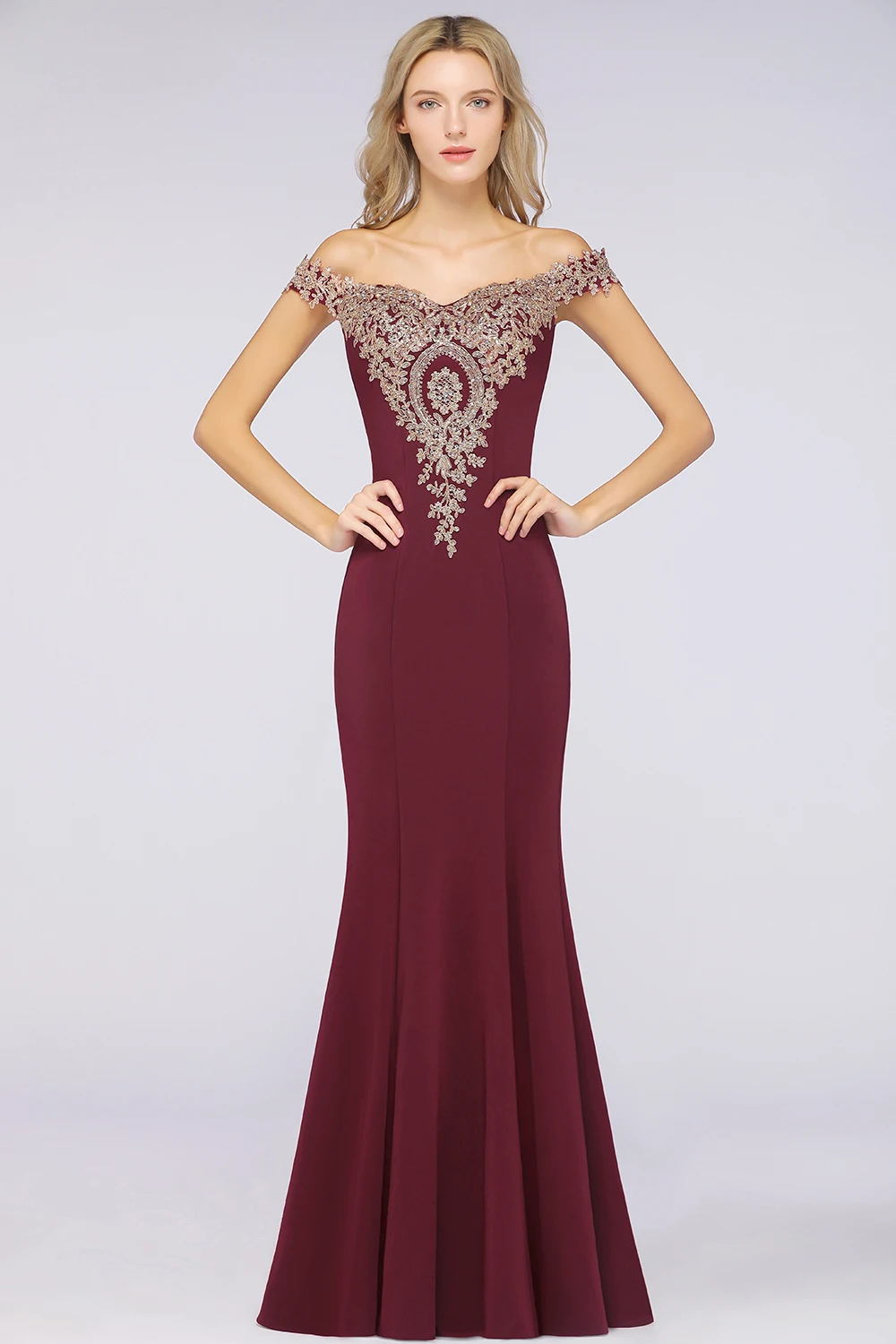 Burgundy Bridesmaid Dresses For Wedding Guest Party Classic Elegant Off-Shoulder Applique Mermaid Long Prom Evening Gowns