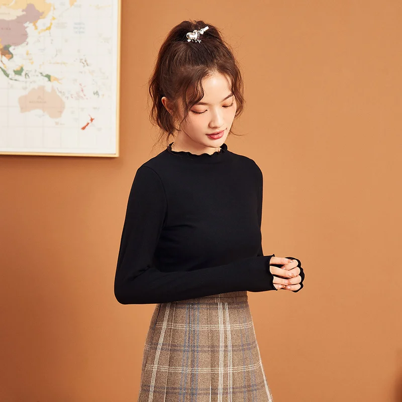 Semir Underwear T Shirt Women Solid Color Autumn And Winter Half High Collar Gentle Korean Style With Long Sleeve