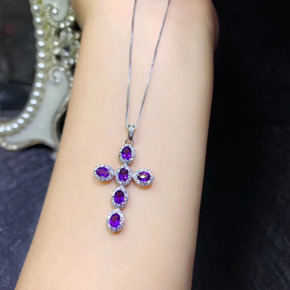925 Sterling Silver Amethyst Cross Necklace Chain Jewelry Energy Gemstone Pendant Necklace for Women Gift luxury