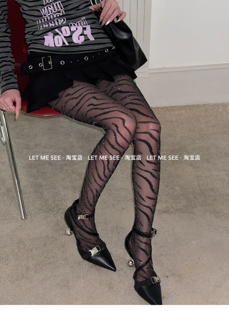 Soft Girl Punk Style Leggings Tights Zebra Pattern Slimming Outerwear Pantyhose Shiny Sexy Stockings Japanese Y2k Hosiery Female